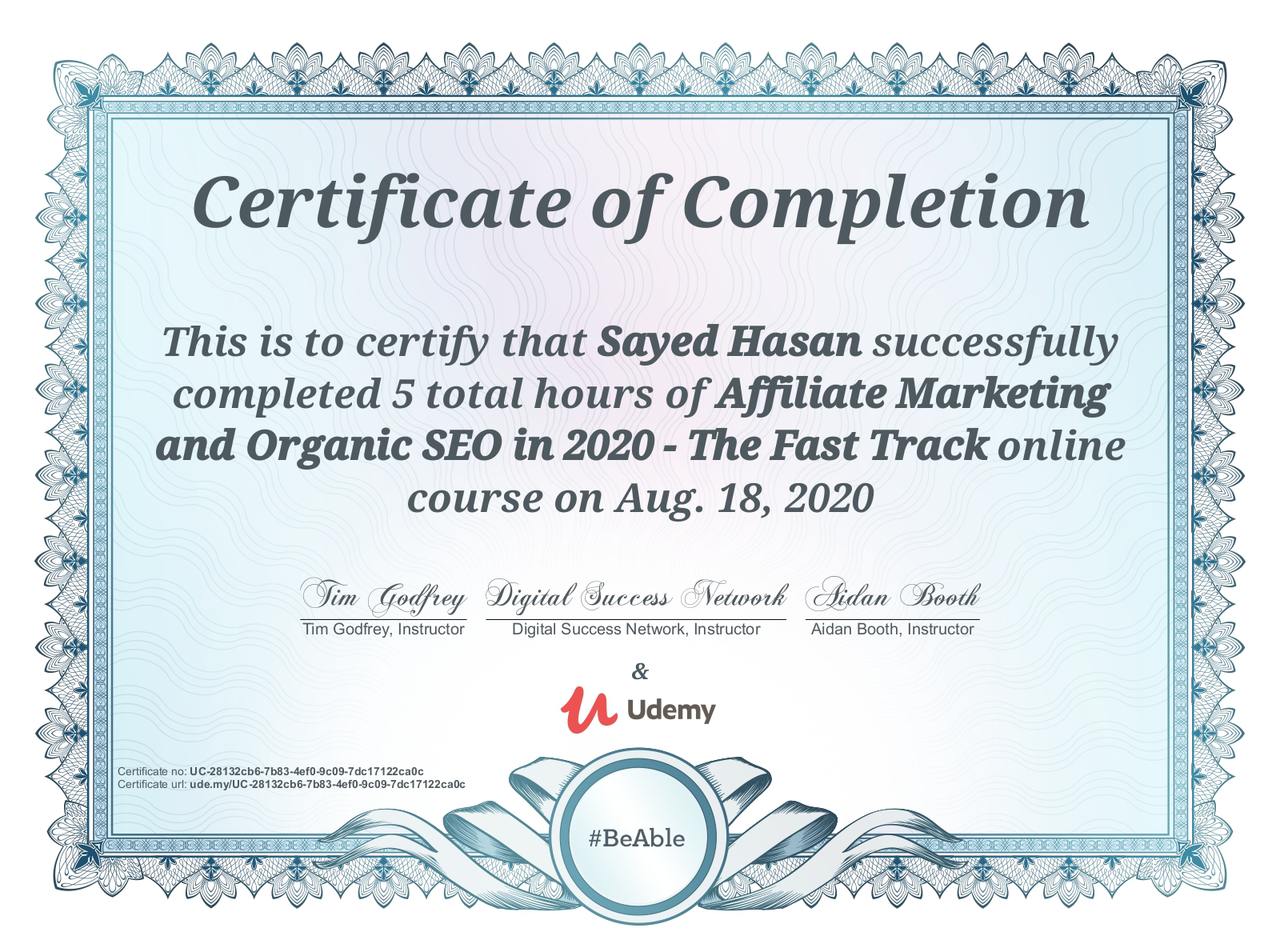 Sayed's certificate of SEO and affiliate marketing