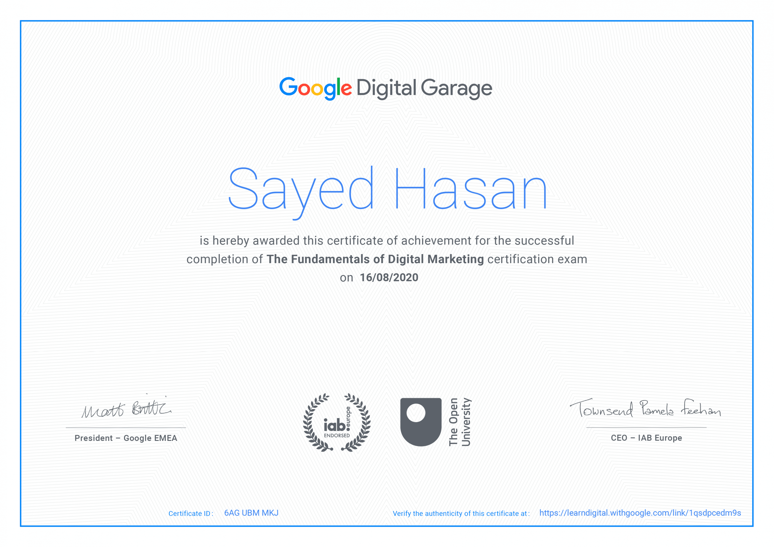Sayed's certificate of digital marketing