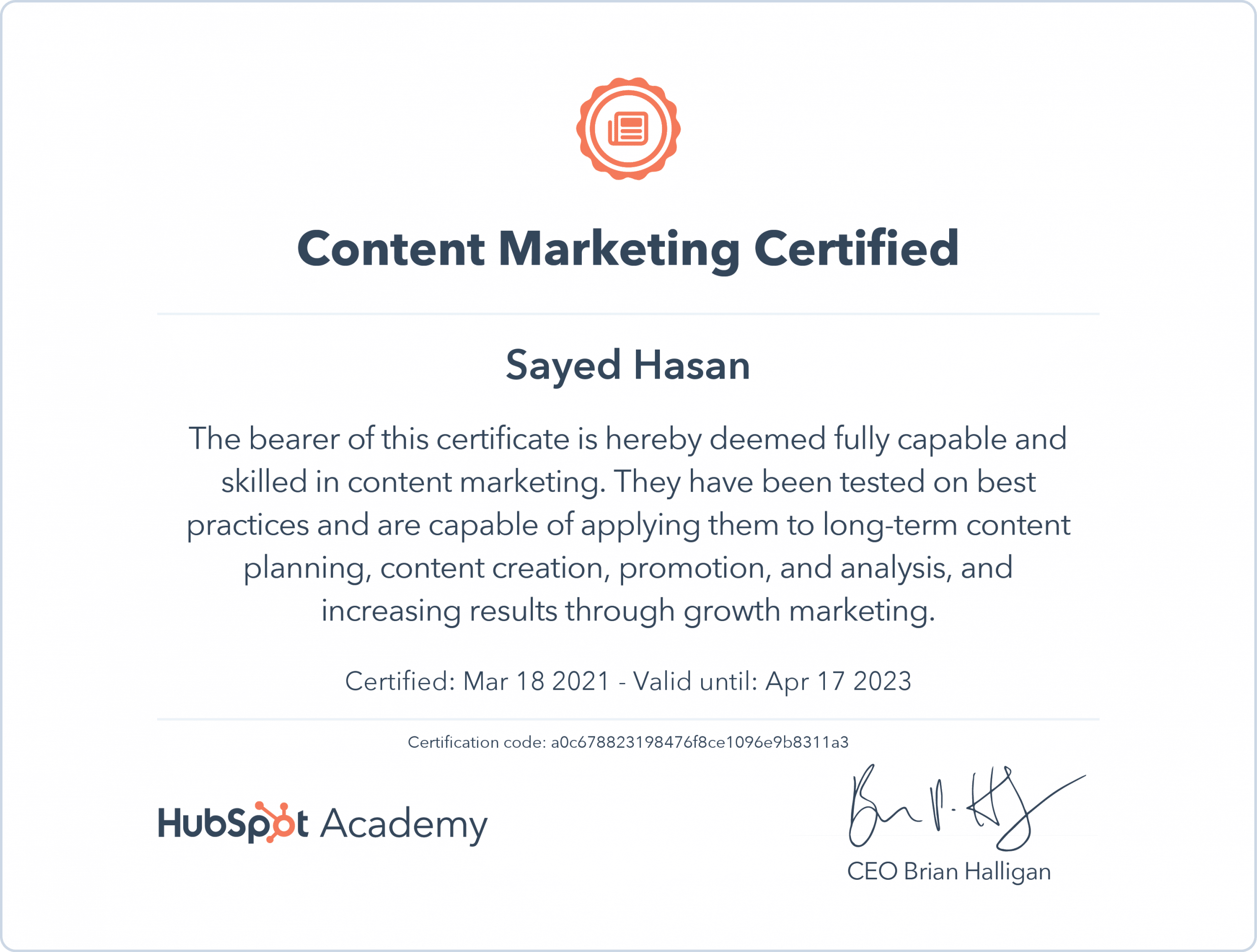 Sayed's certificate of content marketing