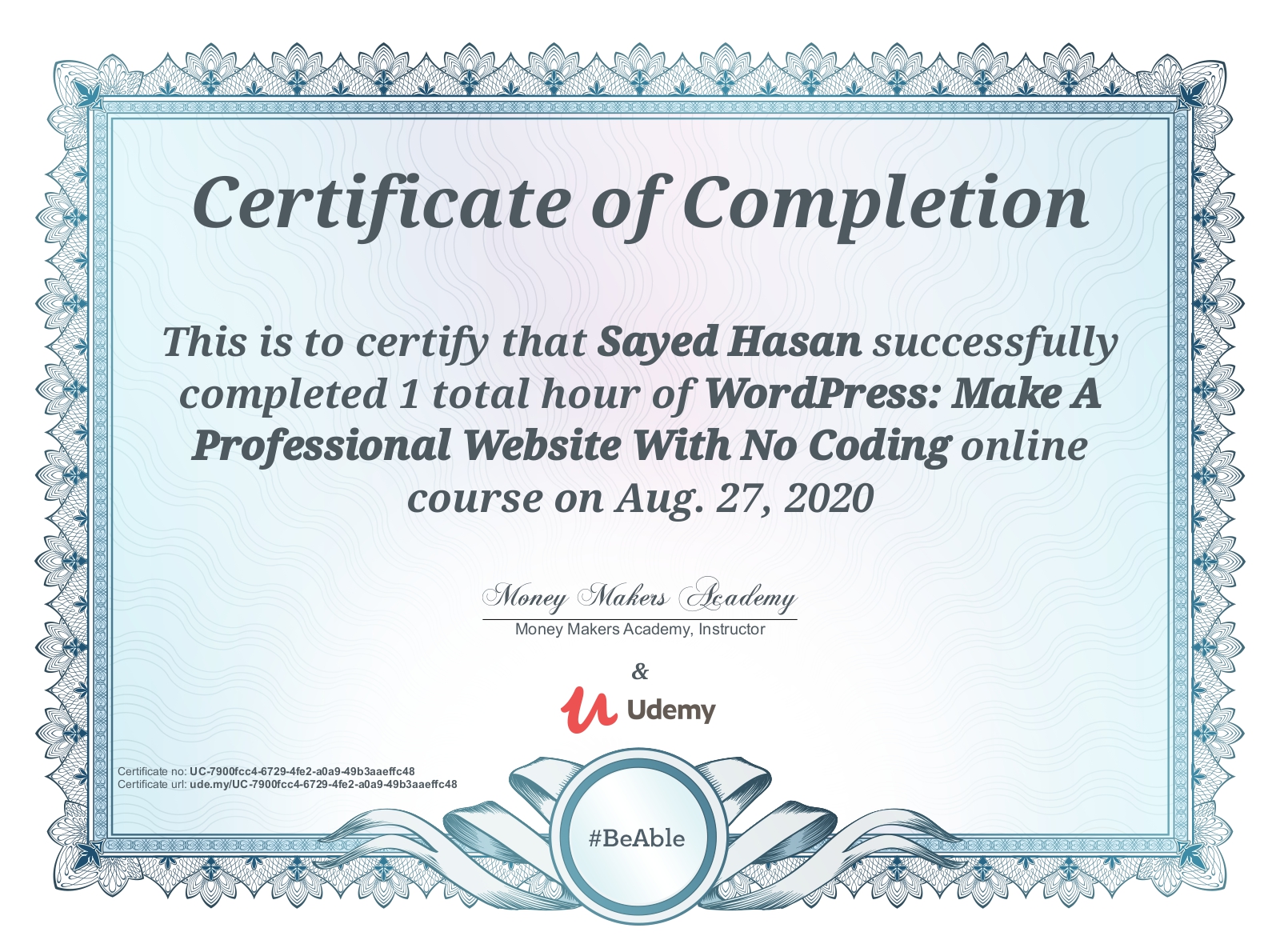 Sayed's certificate of wordpress design