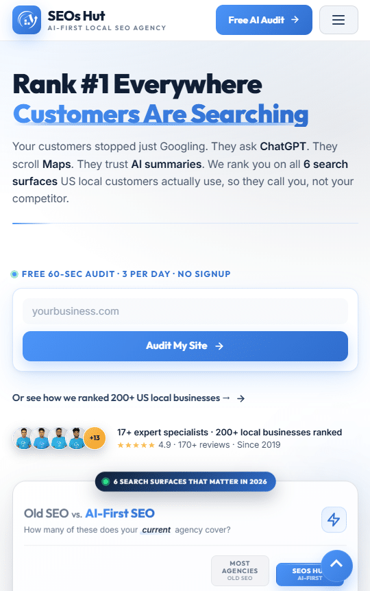 SEOs Hut mobile view — rebuilt May 2026