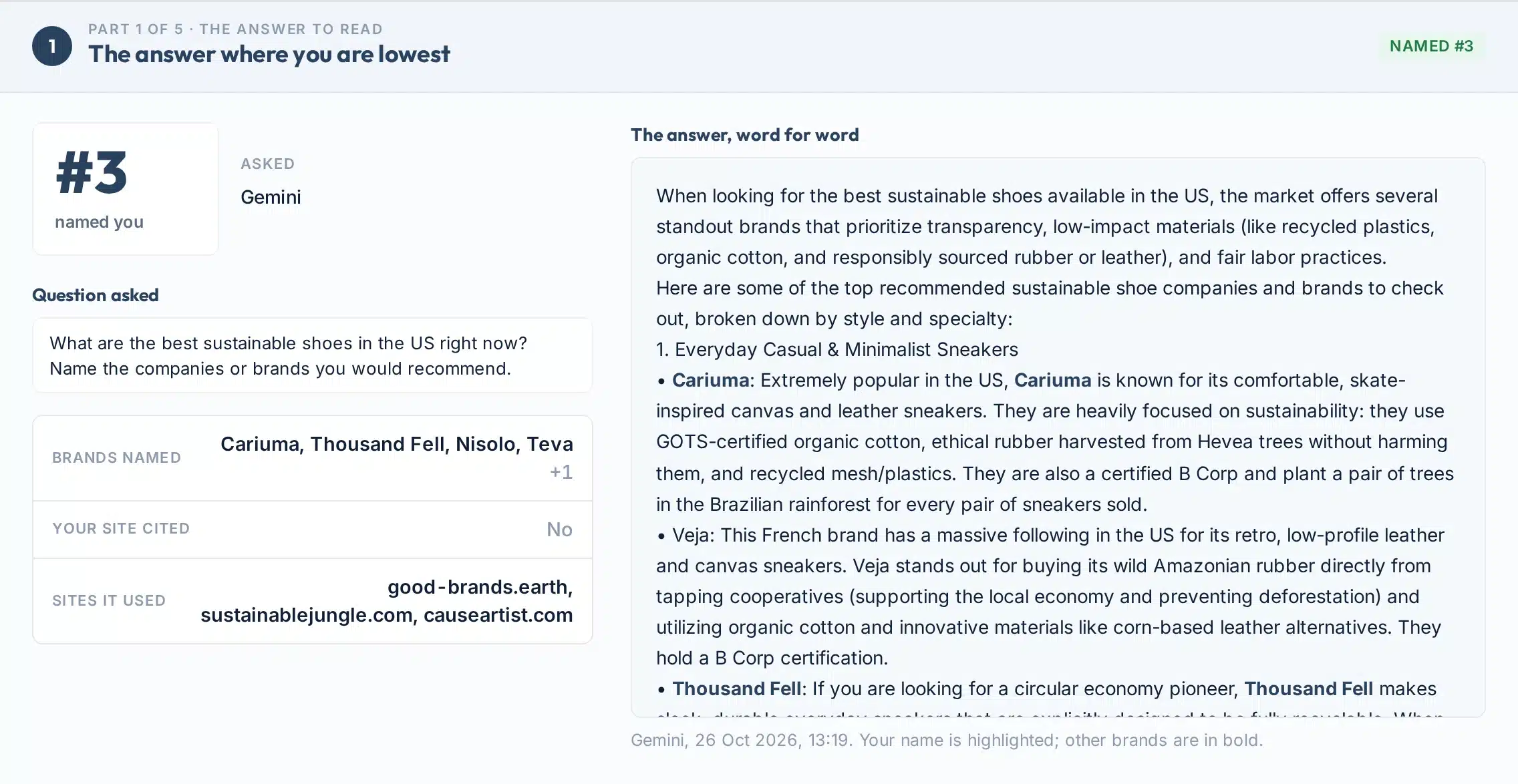 Part 1 of the AI visibility report: the full Gemini answer, word for word, with Allbirds named third
