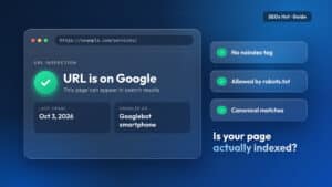 Dashboard-style illustration showing a URL inspection result reading URL is on Google, with passed checks for noindex, robots.txt and canonical