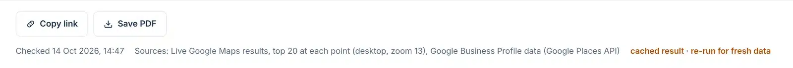 Report bar with Copy link and Save PDF buttons, the time of the check and the data sources