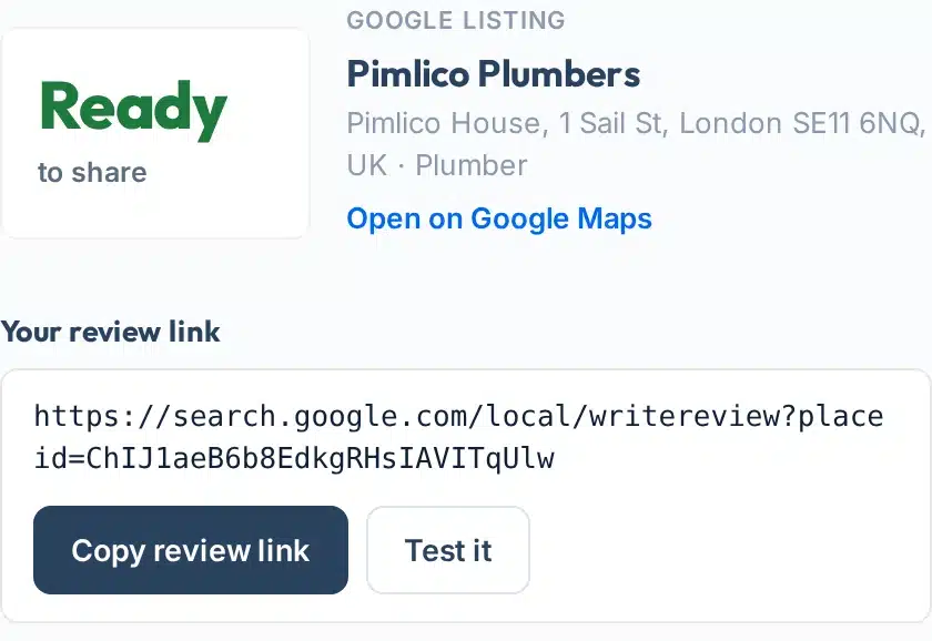 The Google listing found and the direct review link with Copy review link and Test it buttons