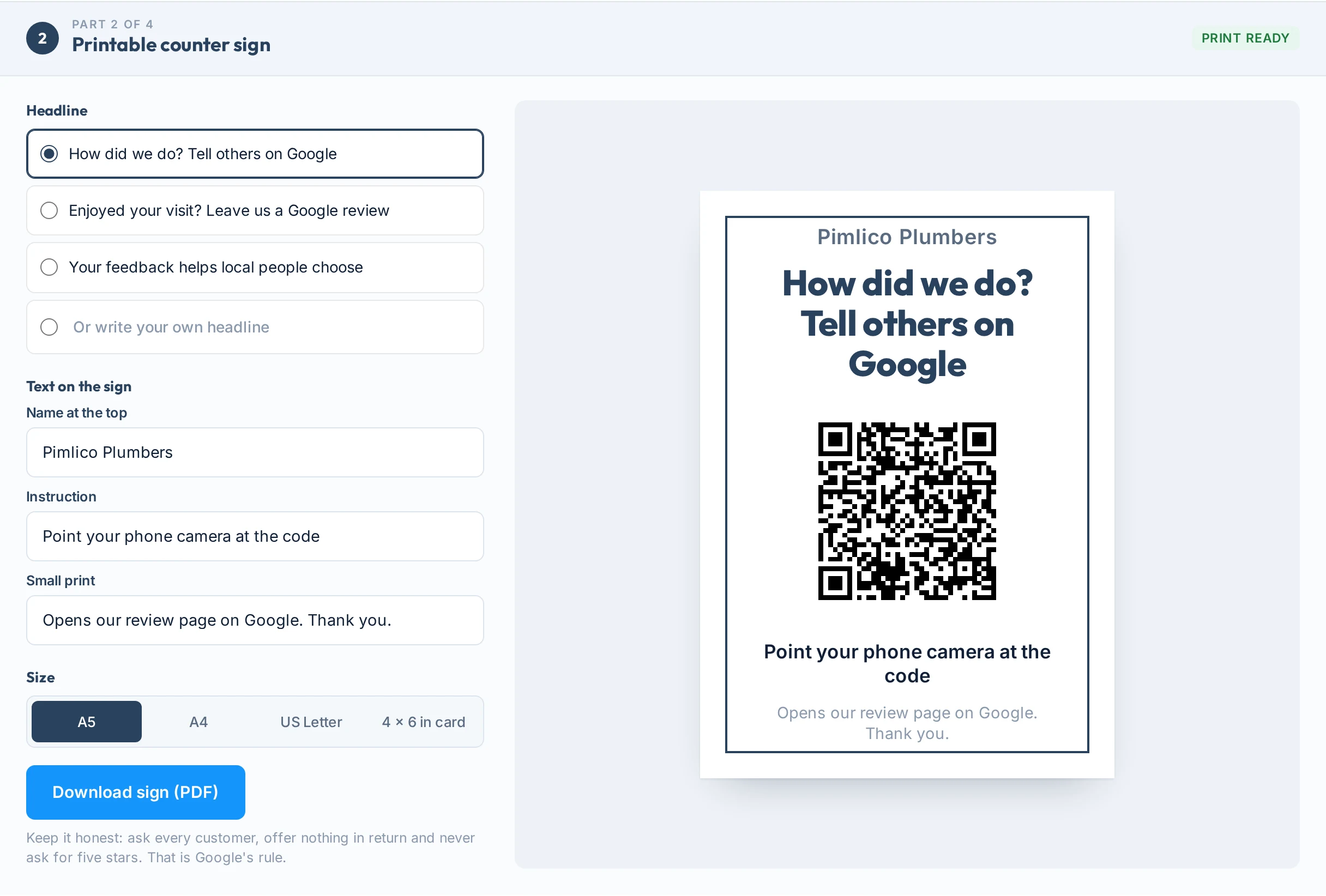 Printable counter sign builder: preset or custom headline, editable name, instruction and small print, four sizes and a live preview with the QR code