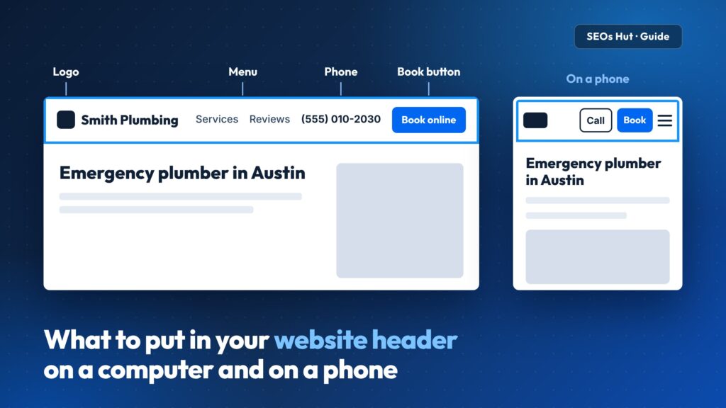 Website header on a computer and on a phone: logo, menu, phone number and Book button, with Call, Book and menu on the phone