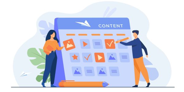 Happy SEO planning campaign for social media isolated flat vector illustration. Cartoon tiny characters standing near calendar with plan for website content. development and communication concept